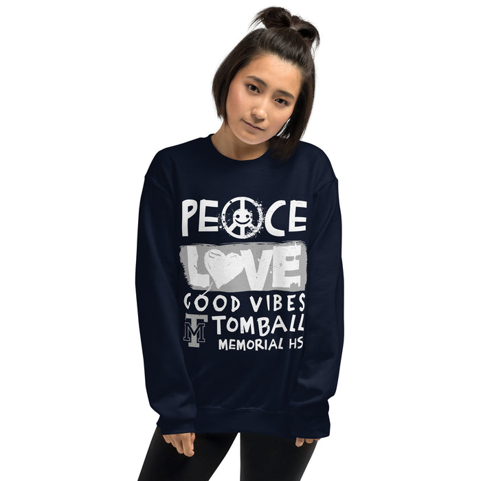 Woman wearing Tomball Memorial High School Wildcats Navy Classic Unisex Sweatshirt 240