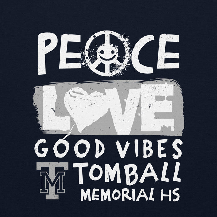 A dark navy graphic design featuring the words 'PEACE LOVE GOOD VIBES TOMBALL MEMORIAL HS' in distressed white and gray lettering, with a peace sign and heart motif. Tomball Memorial High School Wildcats Navy Classic Unisex Sweatshirt 240