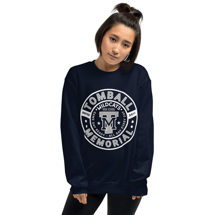 Woman wearing Tomball Memorial High School Wildcats Navy Classic Unisex Sweatshirt 239