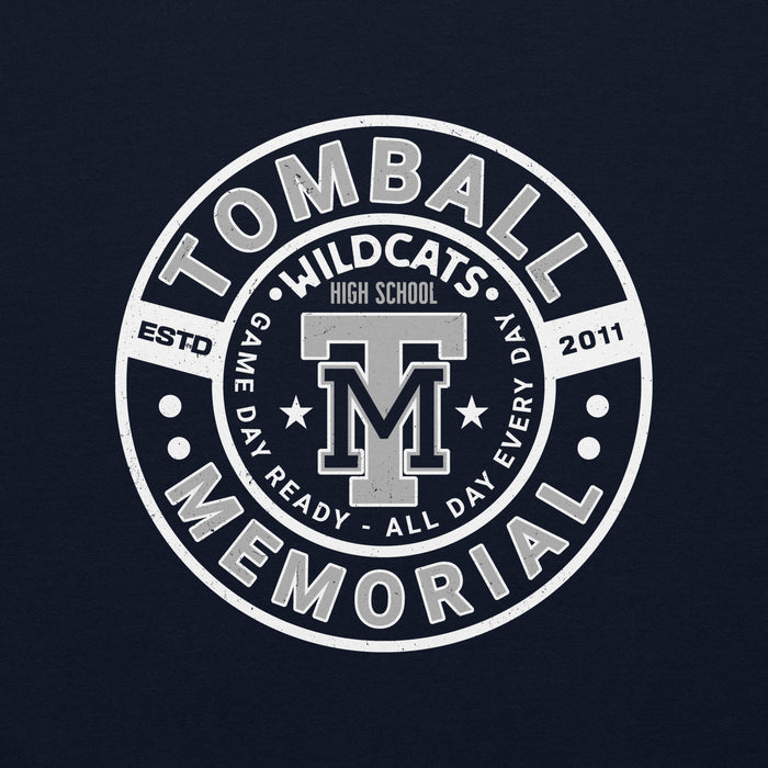 Close-up view of Tomball Memorial High School Wildcats Navy Classic Unisex Sweatshirt 239