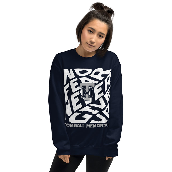 Woman wearing Tomball Memorial High School Wildcats Navy Classic Unisex Sweatshirt 236
