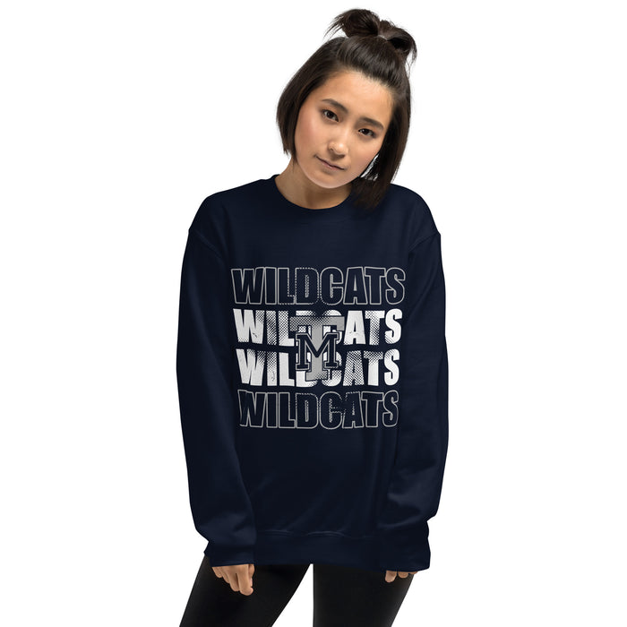Woman wearing Tomball Memorial High School Wildcats Navy Classic Unisex Sweatshirt 233
