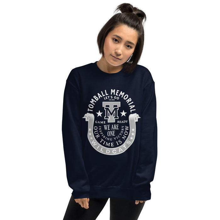 Woman wearing Tomball Memorial High School Wildcats Navy Classic Unisex Sweatshirt 229