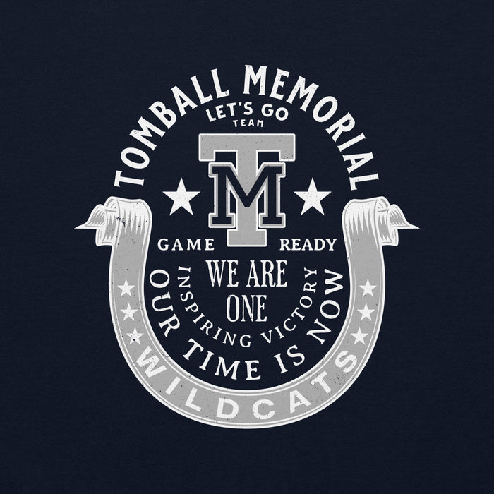 Close-up view of Tomball Memorial High School Wildcats Navy Classic Unisex Sweatshirt 229