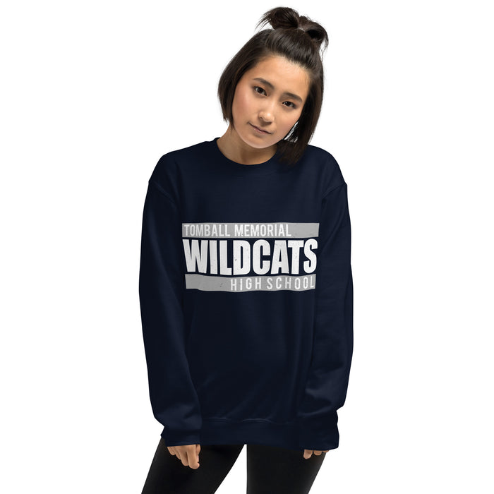Woman wearing Tomball Memorial High School Wildcats Navy Classic Unisex Sweatshirt 098
