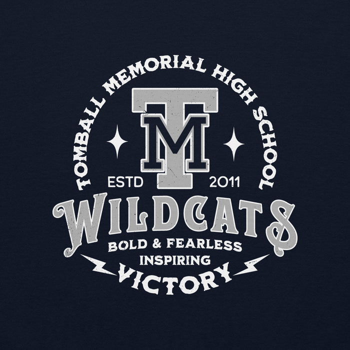 Close-up view of Tomball Memorial High School Wildcats Navy Classic Unisex Sweatshirt 206