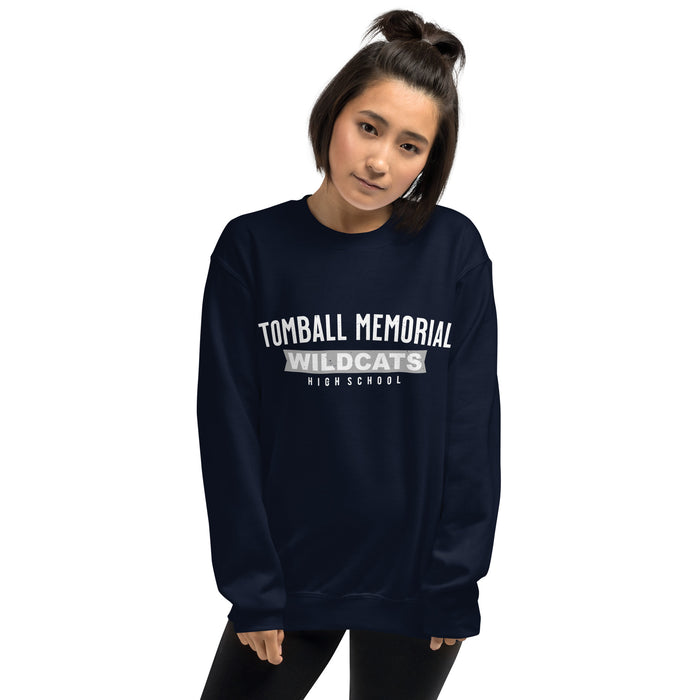 Woman wearing Tomball Memorial High School Wildcats Navy Classic Unisex Sweatshirt 021