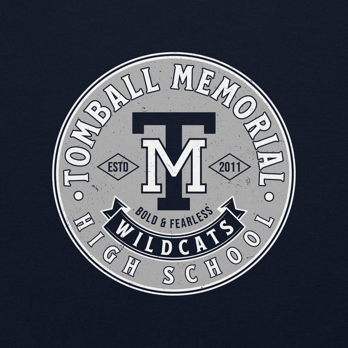Close-up view of Tomball Memorial High School Wildcats Navy Classic Unisex Sweatshirt 215