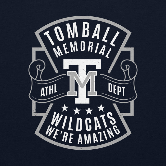 Close-up view of Tomball Memorial High School Wildcats Navy Classic Unisex Sweatshirt 207