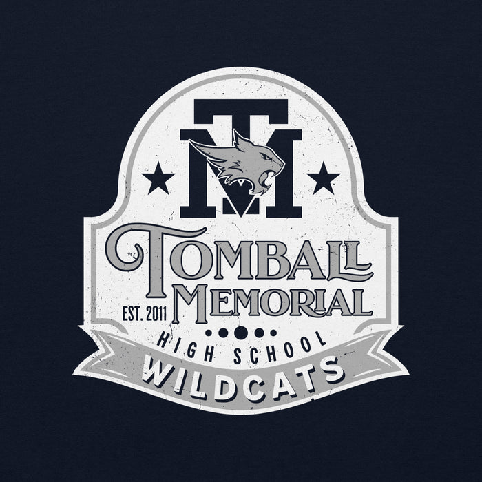 Close-up view of Tomball Memorial High School Wildcats Navy Classic Unisex Sweatshirt 219
