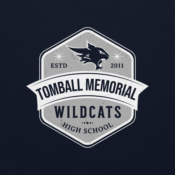 Close-up view of Tomball Memorial High School Wildcats Navy Classic Unisex Sweatshirt 209