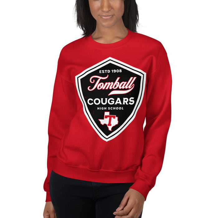 Woman wearing Tomball High School Cougars Red Classic Unisex Sweatshirt 225