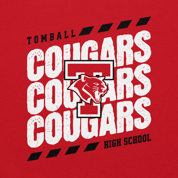 A red graphic design featuring the text 'TOMBALL, COUGARS, HIGH SCHOOL' in distressed white and black lettering, with a large red and white 'T' and cougar mascot logo in the center. Tomball High School Cougars Red Classic Unisex Sweatshirt 223
