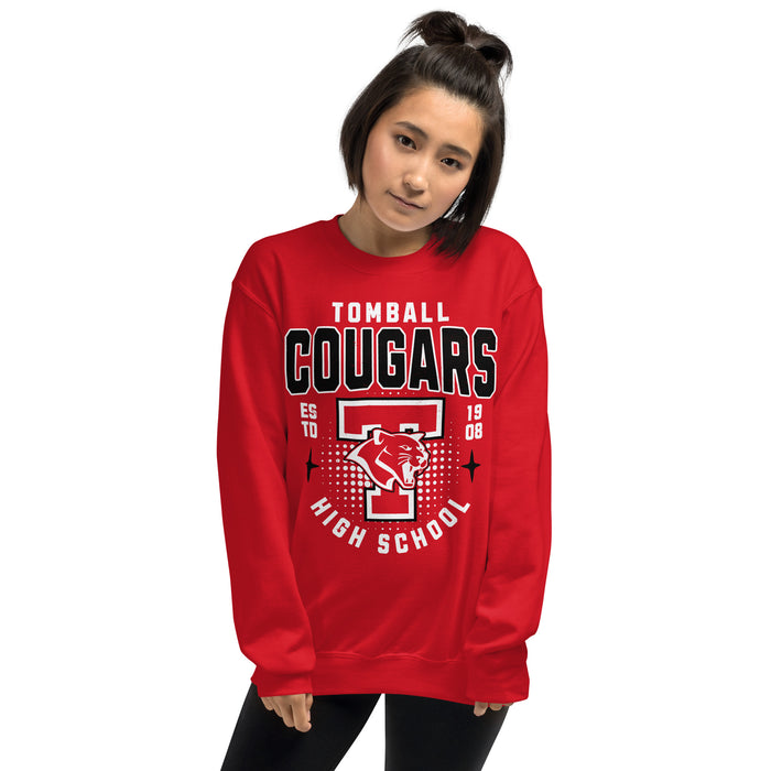 Woman wearing Tomball High School Cougars Red Classic Unisex Sweatshirt 204