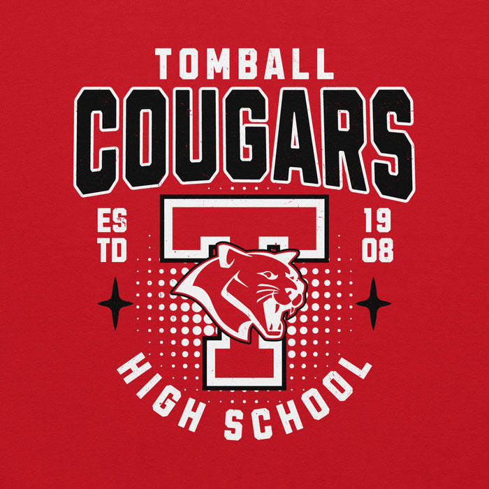 A red graphic print featuring the text 'TOMBALL COUGARS' in large black and white letters, with a cougar mascot head over a large block 'T', plus 'ESTD 1908' and 'HIGH SCHOOL' in white. Tomball High School Cougars Red Classic Unisex Sweatshirt 204