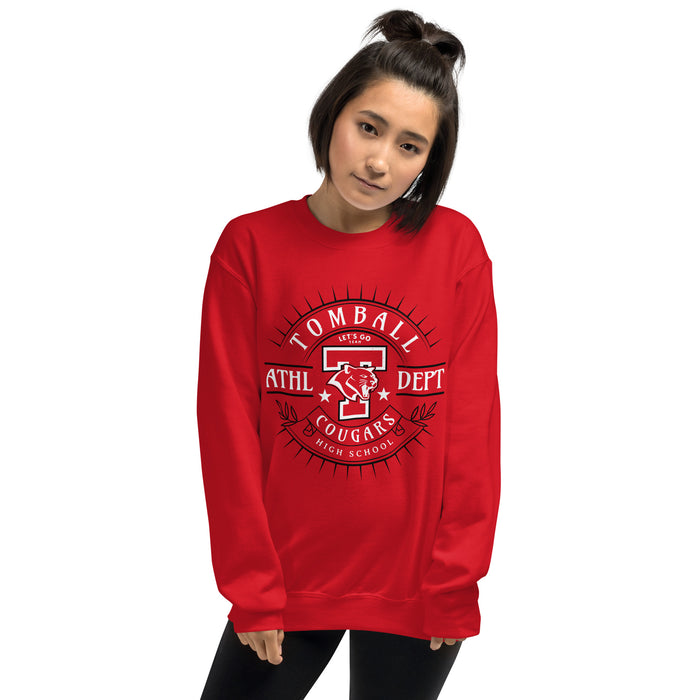 Woman wearing Tomball High School Cougars Red Classic Unisex Sweatshirt 201