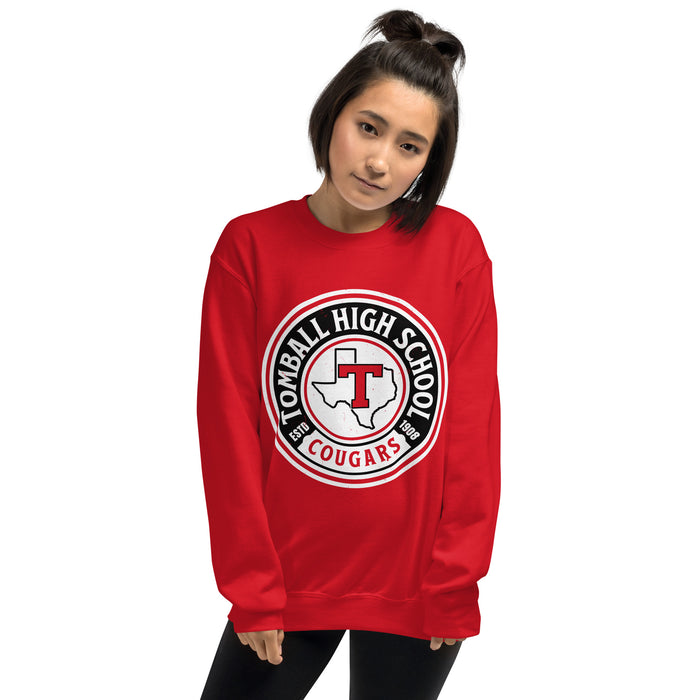 Woman wearing Tomball High School Cougars Red Classic Unisex Sweatshirt 220