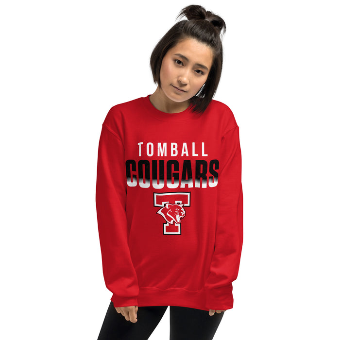 Woman wearing Tomball High School Cougars Red Classic Unisex Sweatshirt 024