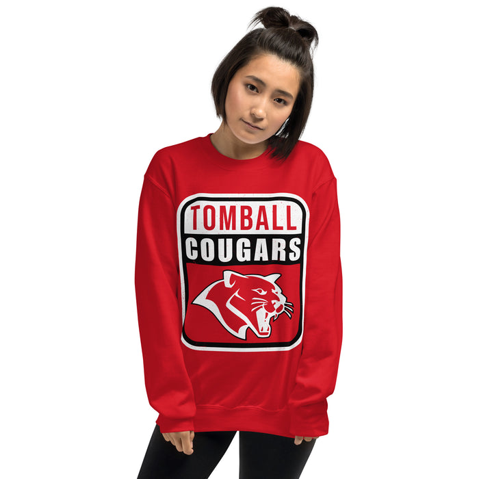 Woman wearing Tomball High School Cougars Red Classic Unisex Sweatshirt 011