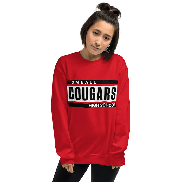 Woman wearing Tomball High School Cougars Red Classic Unisex Sweatshirt 098