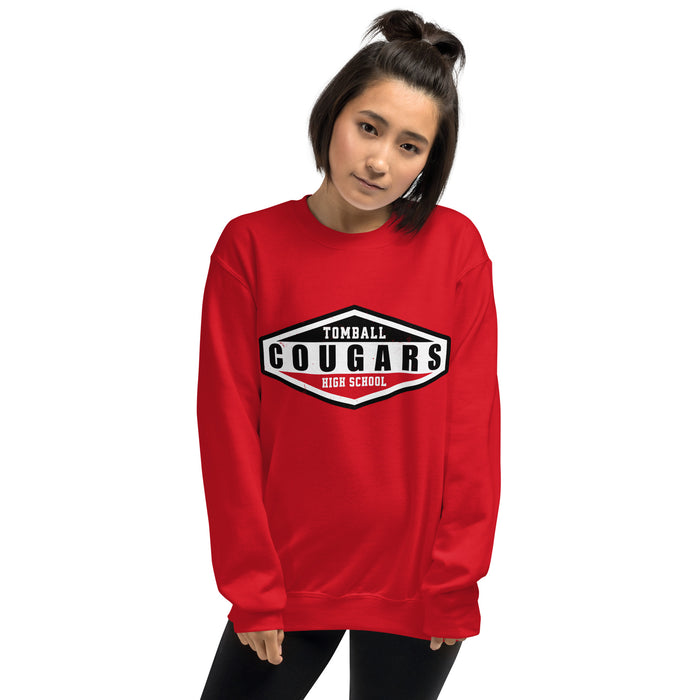 Woman wearing Tomball High School Cougars Red Classic Unisex Sweatshirt 009