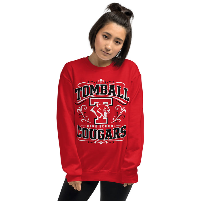Woman wearing Tomball High School Cougars Red Classic Unisex Sweatshirt 012