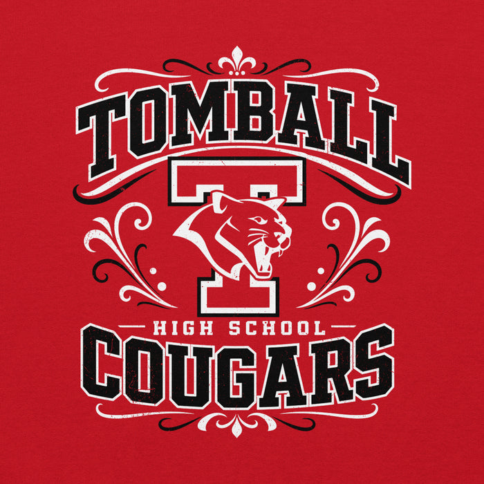 A red graphic print featuring the words 'TOMBALL HIGH SCHOOL COUGARS' in black and white collegiate lettering, with a white cougar head inside a large outlined 'T' and decorative flourishes. Tomball High School Cougars Red Classic Unisex Sweatshirt 012