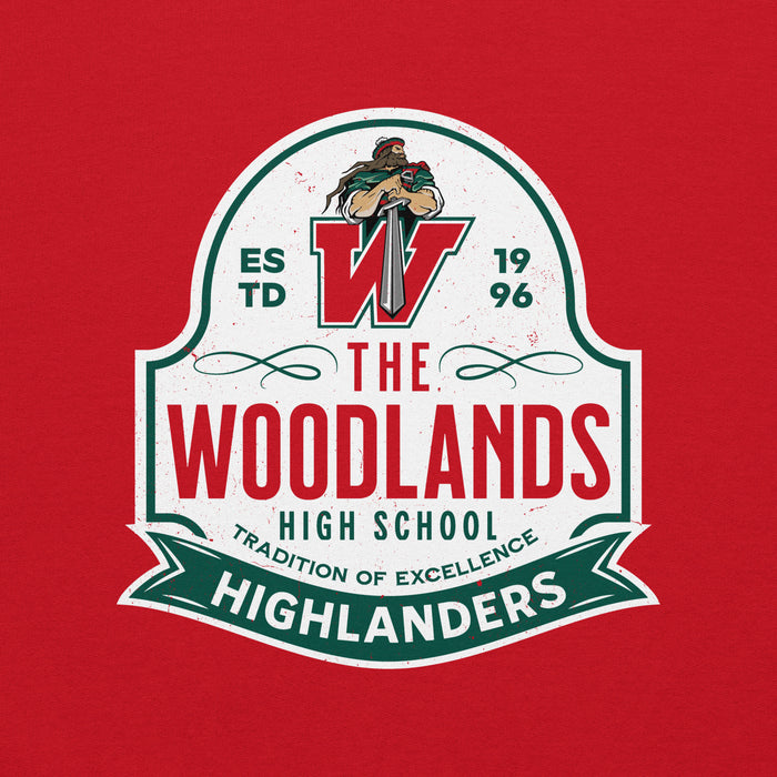 Close-up view of The Woodlands High School Highlanders Red Classic Unisex Sweatshirt 219