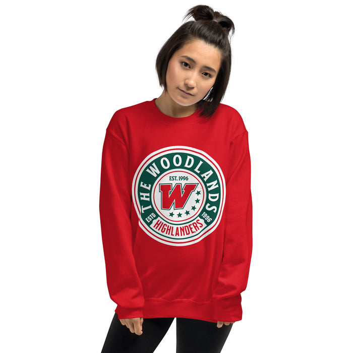 Woman wearing The Woodlands High School Highlanders Red Classic Unisex Sweatshirt 220