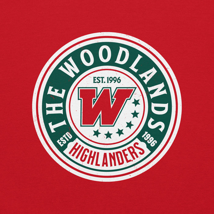 Close-up view of The Woodlands High School Highlanders Red Classic Unisex Sweatshirt 220