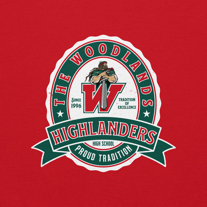 Close-up view of The Woodlands High School Highlanders Red Classic Unisex Sweatshirt 212