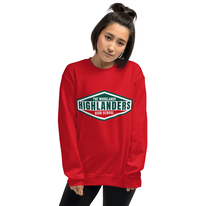 Woman wearing The Woodlands High School Highlanders Red Classic Unisex Sweatshirt 009