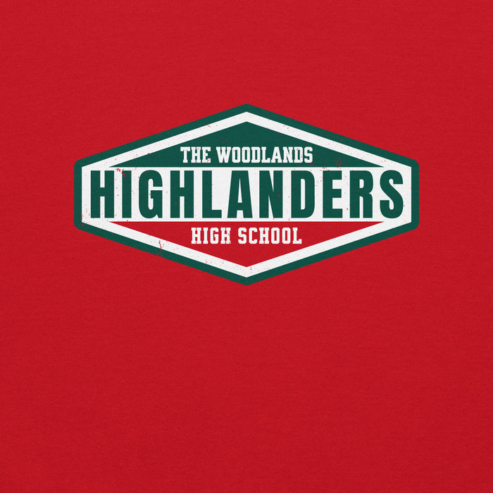Close-up view of The Woodlands High School Highlanders Red Classic Unisex Sweatshirt 009