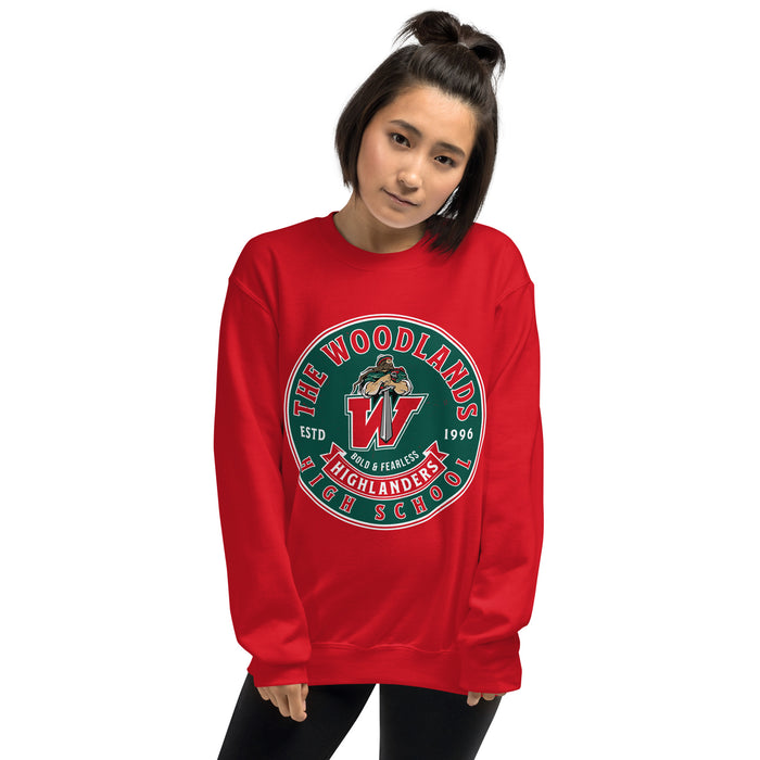 Woman wearing The Woodlands High School Highlanders Red Classic Unisex Sweatshirt 215
