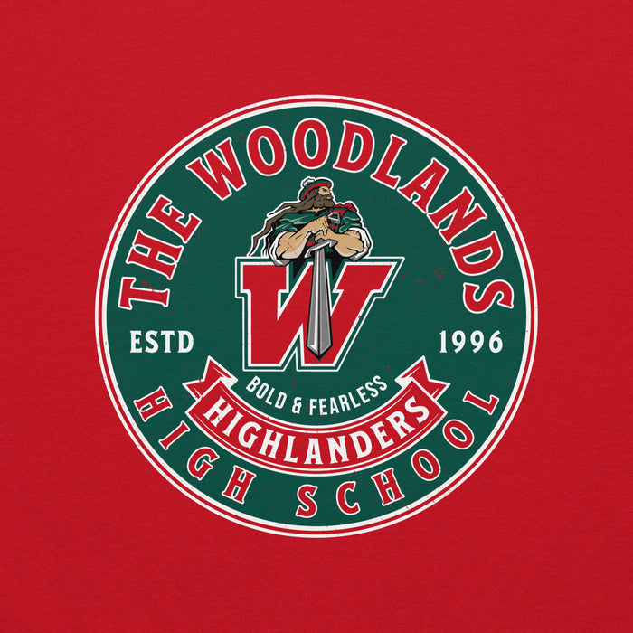 Close-up view of The Woodlands High School Highlanders Red Classic Unisex Sweatshirt 215