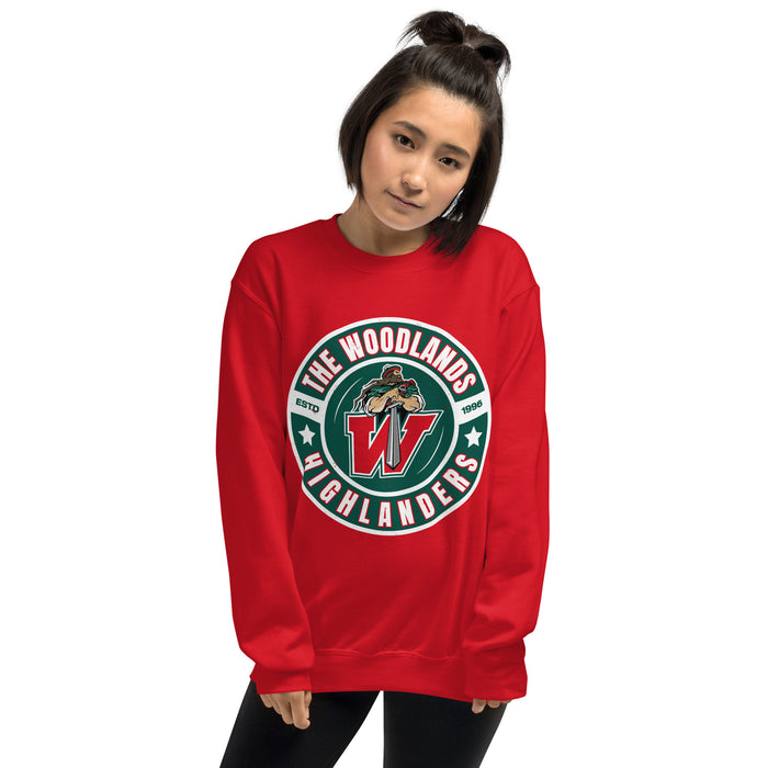 Woman wearing The Woodlands High School Highlanders Red Classic Unisex Sweatshirt 239