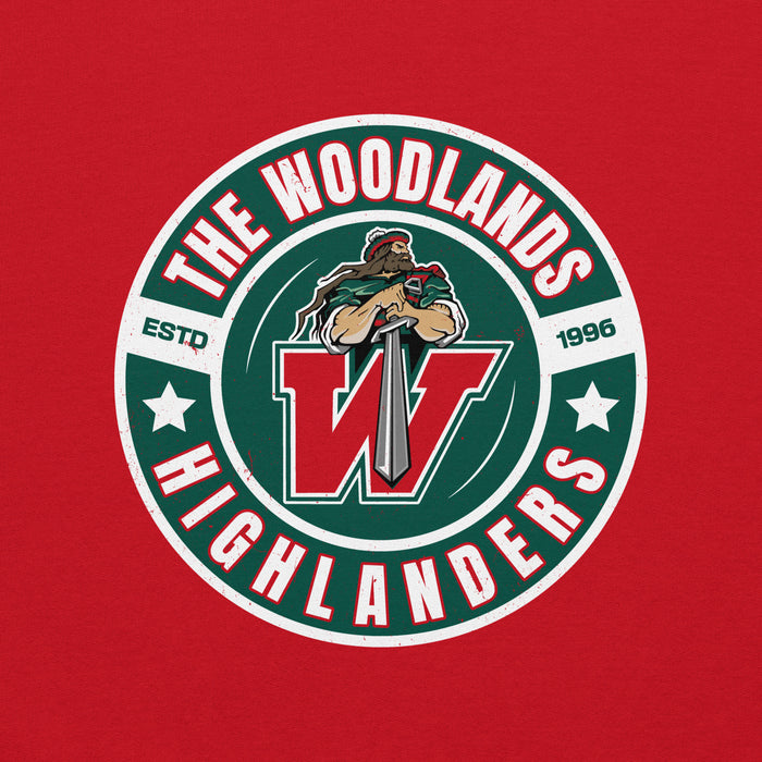 Close-up view of The Woodlands High School Highlanders Red Classic Unisex Sweatshirt 239