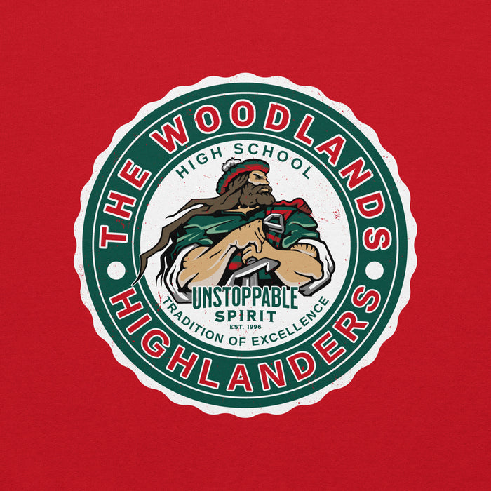 Close-up view of The Woodlands High School Highlanders Red Classic Unisex Sweatshirt 216