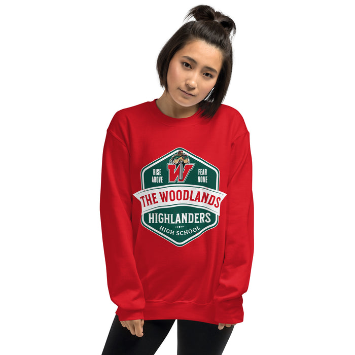 Woman wearing The Woodlands High School Highlanders Red Classic Unisex Sweatshirt 209