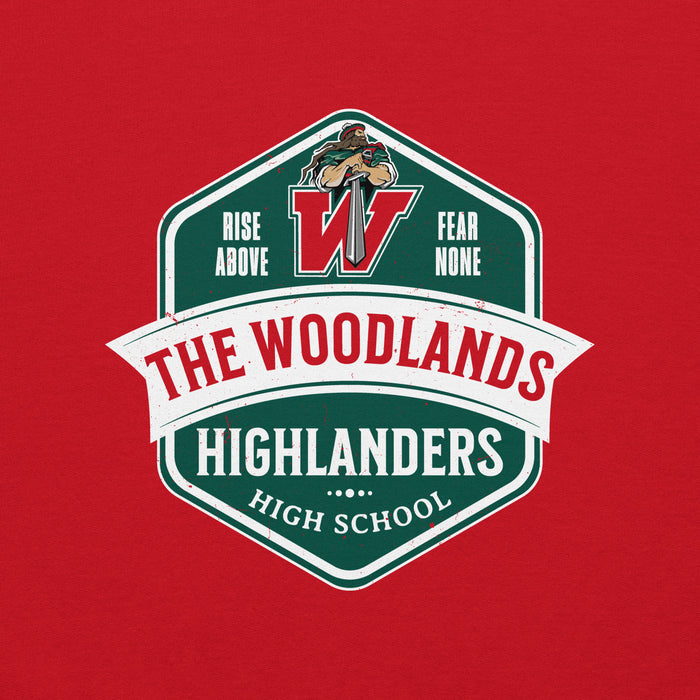 Close-up view of The Woodlands High School Highlanders Red Classic Unisex Sweatshirt 209