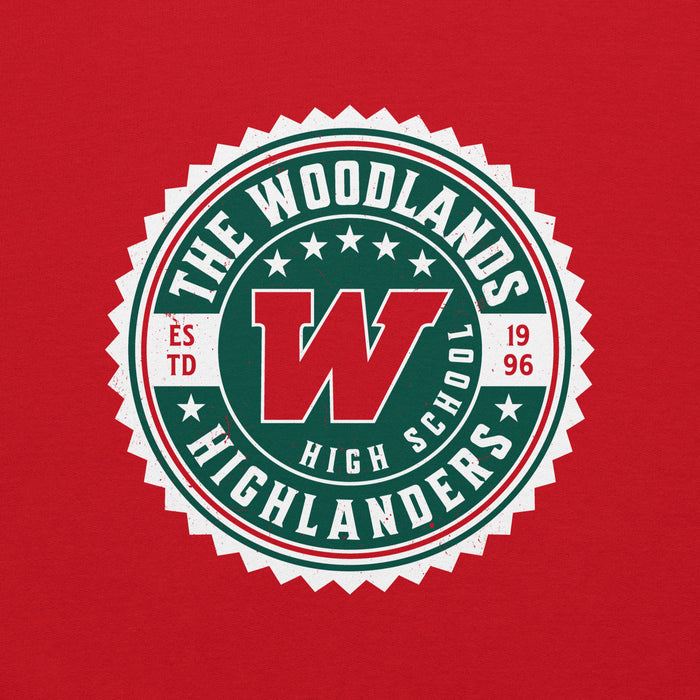 Close-up view of The Woodlands High School Highlanders Red Classic Unisex Sweatshirt 203