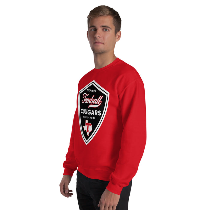Man wearing Tomball High School Cougars Red Classic Unisex Sweatshirt 225