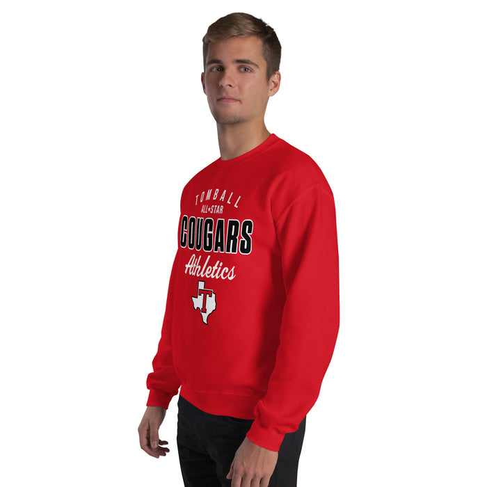 Man wearing Tomball High School Cougars Red Classic Unisex Sweatshirt 034
