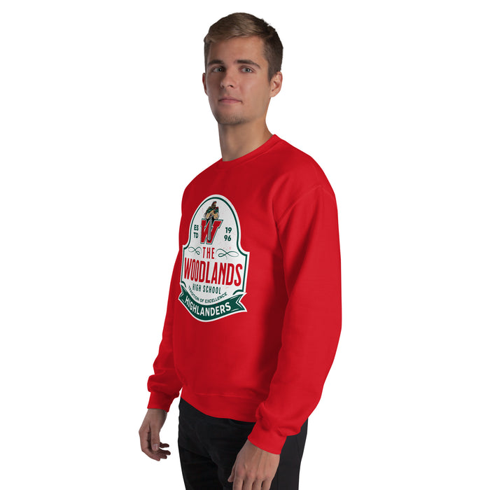 Man wearing The Woodlands High School Highlanders Red Classic Unisex Sweatshirt 219