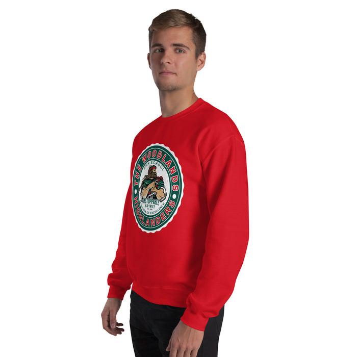 Man wearing The Woodlands High School Highlanders Red Classic Unisex Sweatshirt 216
