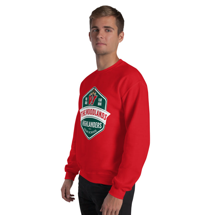 Man wearing The Woodlands High School Highlanders Red Classic Unisex Sweatshirt 209