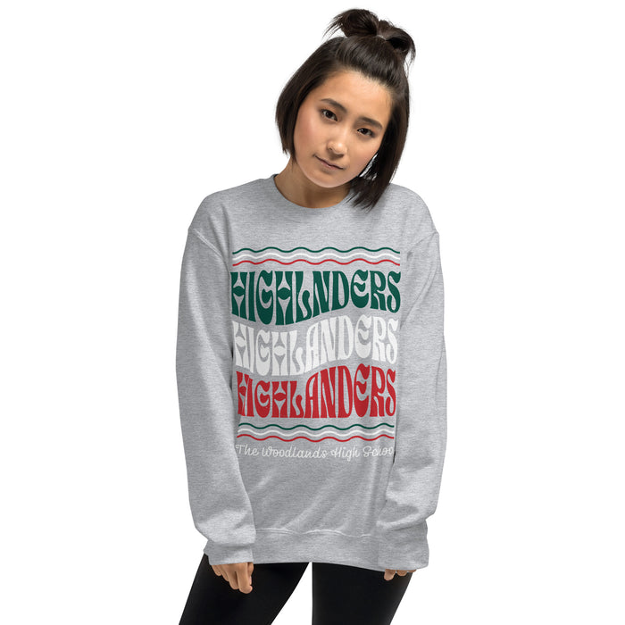 Woman wearing The Woodlands High School Highlanders Grey Classic Unisex Sweatshirt 227