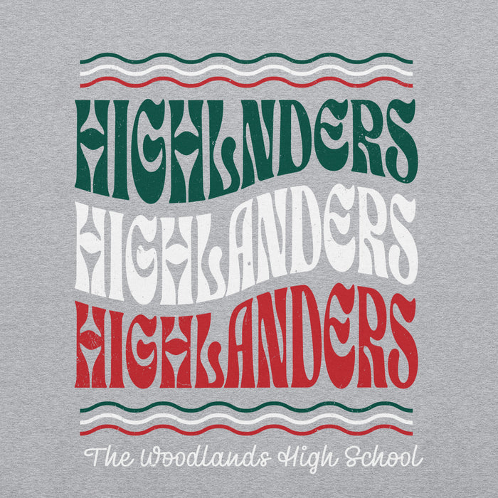 Close-up view of The Woodlands High School Highlanders Grey Classic Unisex Sweatshirt 227