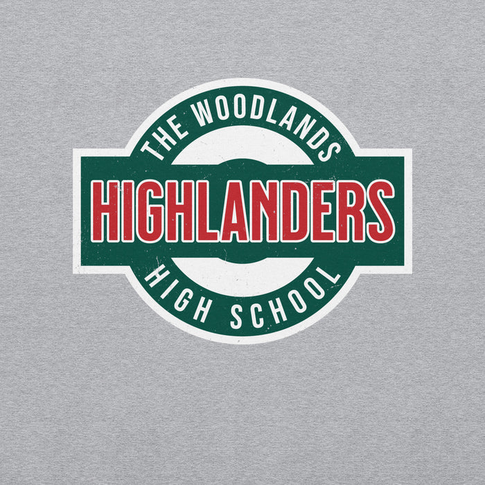 Close-up view of The Woodlands High School Highlanders Grey Classic Unisex Sweatshirt 011