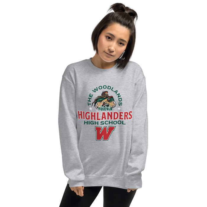 Woman wearing he Woodlands High School Highlanders Grey Classic Unisex Sweatshirt 222